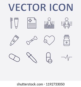 Outline 12 treatment icon set. toothpaste tube, medicine document, heart impulse, toothbrush and toothpaste, pill and sauna vector illustration