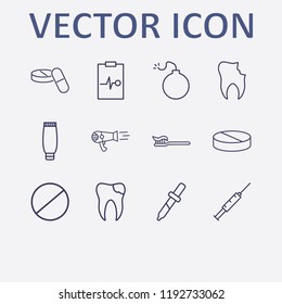 Outline 12 treatment icon set. drug, medicine clipboard, injection, pipette, hair dryer and tube cream vector illustration