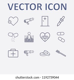 Outline 12 treatment icon set. pill, sauna, broken heart with plaster, toothbrush, medicine briefcase and pipette vector illustration