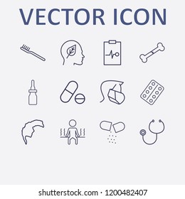 Outline 12 treatment icon set. head with leaf, hygiene face mask, stethoscope, pill, toothbrush and broken bone vector illustration