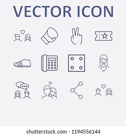 Outline 12 two icon set. movie ticket, share, home phone, lovers, dice and conversation vector illustration