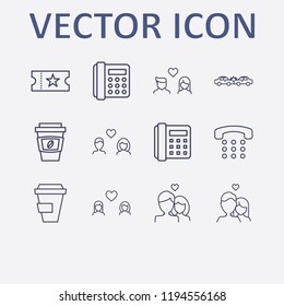 Outline 12 two icon set. home phone, movie ticket, lesbian, lovers, coffee cup and car crash vector illustration