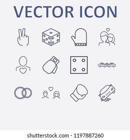 Outline 12 two icon set. dice, glove, man love, lovers, two fingers and wedding ring vector illustration