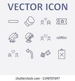 Outline 12 two icon set. car crash, dice, gay love, clipboard remove, boxing glove and minus vector illustration