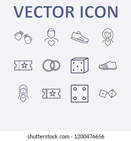 Outline 12 two icon set. wedding ring, movie ticket, man love, dice, boxing gloves and woman in love vector illustration