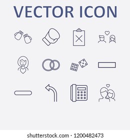 Outline 12 two icon set. home phone, clipboard remove, minus, lovers, woman in love and boxing glove vector illustration