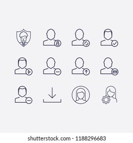 Outline 12 user icon set. user payment, shield, play, upload , check user, account settings, user refresh, lock , woman , remove and download vector illustration