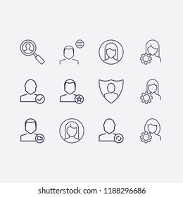 Outline 12 user icon set. search , check , folder, woman user, user shield, menu, account settings, refresh and favorite user vector illustration