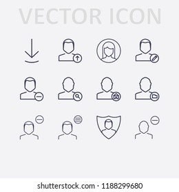 Outline 12 user icon set. search , home, shield, menu, edit , remove , folder, upload , woman and download vector illustration