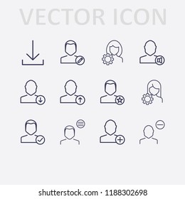 Outline 12 user icon set. download , notification, account settings, upload , favorite user, download, check and user menu vector illustration
