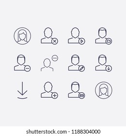 Outline 12 user icon set. download user, woman , close , payment, edit , download, mediaplayer, user folder, add and remove vector illustration