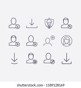 Outline 12 user icon set. mediaplayer, add user, woman user, favorite , download , shield, play, download, edit and search vector illustration