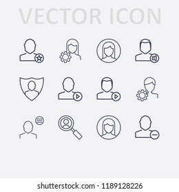 Outline 12 user icon set. woman , remove , play, favorite , menu, mediaplayer, shield, notification, account settings and search user vector illustration