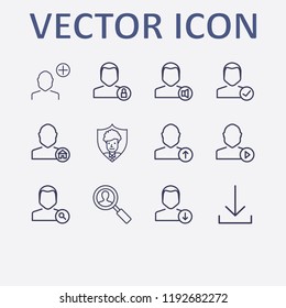 Outline 12 user icon set. lock , mediaplayer, check , search , add user and user home vector illustration