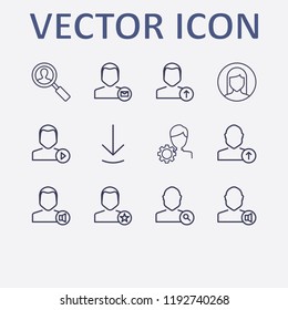 Outline 12 user icon set. upload ,  mail,  play, account settings, search  and  notification vector illustration
