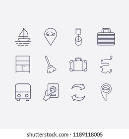 Outline 12 vacation icon set. comod, refresh, foreign passport with hand, online book order, bus, suitcase, broom, boat, car location and distance vector illustration