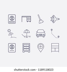 Outline 12 vacation icon set. comod, airplane, distance, car, add location, broom, beach and foreign passport vector illustration