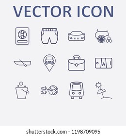 Outline 12 vacation icon set. foreign passport, short, beach, car location, cannon and smartphone map vector illustration