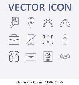 Outline 12 vacation icon set. sunscreen, forbidden smartphone, suitcase, flip flop, foreign passport with hand and cheers vector illustration