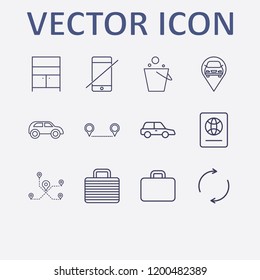 Outline 12 vacation icon set. car, comod, forbidden smartphone, refresh, foreign passport and distance vector illustration