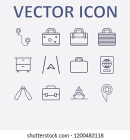 Outline 12 vacation icon set. suitcase, beer bottle toast, distance, navigation, comod and foreign passport vector illustration