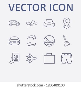 Outline 12 vacation icon set. refresh, location, airplane, footprint, foreign passport with hand and car vector illustration