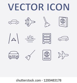 Outline 12 vacation icon set. navigation, airplane, sunset, comod, car and broom vector illustration