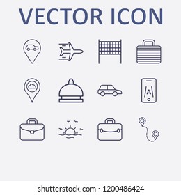 Outline 12 vacation icon set. location, volleyball net, distance, car location, airplane and car vector illustration