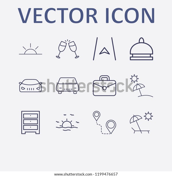 Outline 12 vacation icon set.\
beach, distance, cheers, hotel bell, suitcase and car vector\
illustration