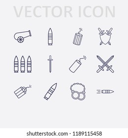 Outline 12 war icon set. shackles, cannon, bullet, sword, sword shield and dynamite vector illustration