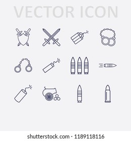 Outline 12 war icon set. cannon, sword, bullet, sword shield, shackles and dynamite vector illustration