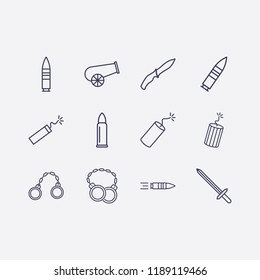 Outline 12 war icon set. cannon, dynamite, shackles, soldier knife, sword and bullet vector illustration