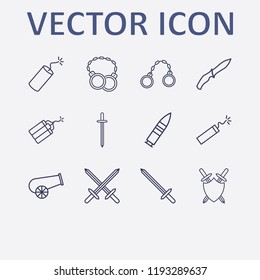 Outline 12 war icon set. sword shield, soldier knife, cannon, sword, shackles and bullet vector illustration