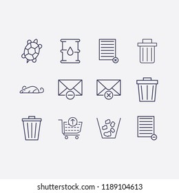 Outline 12 waste icon set. rat, remove document, remove from cart, turtle, barrel oil, remove message and bin vector illustration