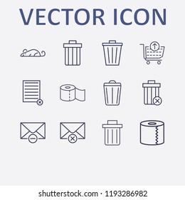 Outline 12 waste icon set. remove document, remove bin, remove from cart, remove message, bin and toilet paper vector illustration