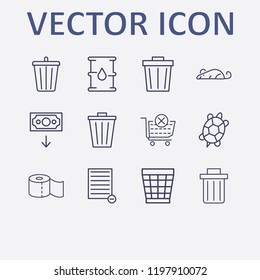Outline 12 waste icon set. rat, turtle, remove from cart, remove document, toilet paper and bin vector illustration