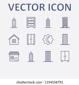 Outline 12 window icon set. wardrobe, house, comod, building and rub el hizb vector illustration