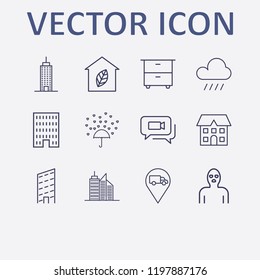 Outline 12 window icon set. video chat, building, comod, leaf home, love rain and raining vector illustration