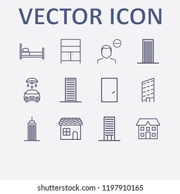 Outline 12 window icon set. remove user, building, bed, comod, door and car wash vector illustration