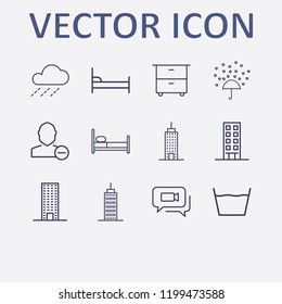 Outline 12 window icon set. building, video chat, bed, raining, comod and laundry vector illustration