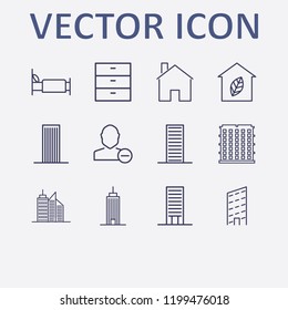 Outline 12 window icon set. remove user, leaf home, house, comod, building and bed vector illustration