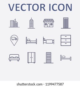 Outline 12 window icon set. truck location, house, bed, comod, wardrobe and building vector illustration