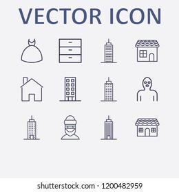 Outline 12 window icon set. wedding dress, comod, thief, building and house vector illustration