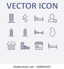 Outline 12 window icon set. bed, remove user, pregnant, house, clean and building vector illustration