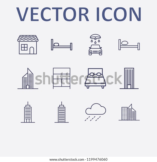 Outline 12 window icon set.\
comod, house, building, bed, raining and car wash vector\
illustration