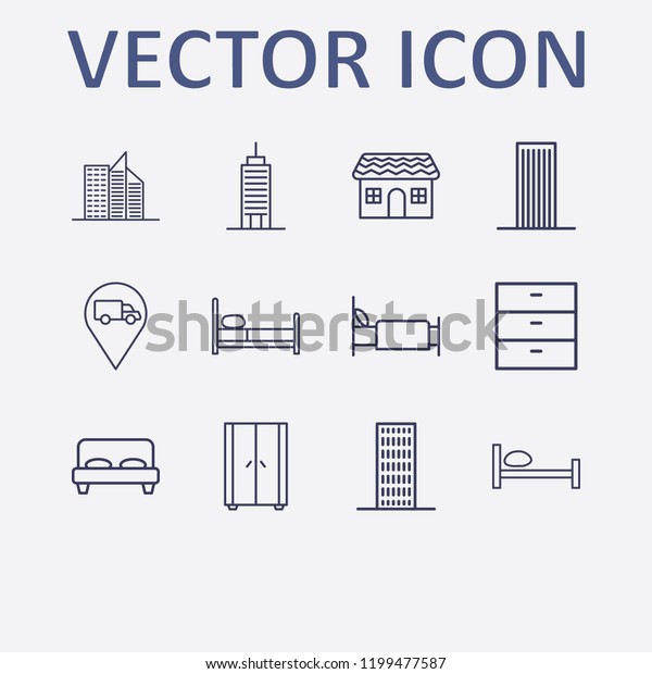 Outline 12 window icon set.\
truck location, house, bed, comod, wardrobe and building vector\
illustration