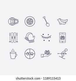 Outline 12 winter icon set. hot cup, hand with gift box, skiing, gift, sock, ski sticks, tire, globe setting, winter glove, shovel, smartphone gift and garland vector illustration