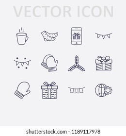 Outline 12 winter icon set. smartphone gift, garland, winter glove, gift, sock, globe setting, hot cup and holly berry leaves vector illustration