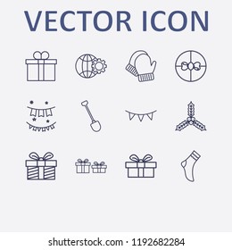 Outline 12 winter icon set. shovel, sock, gift, garland, winter glove and globe setting vector illustration