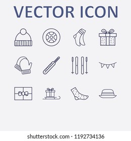 Outline 12 winter icon set. medicine thermometer, winter hat, winter glove, gift, ski sticks and sled in gift vector illustration